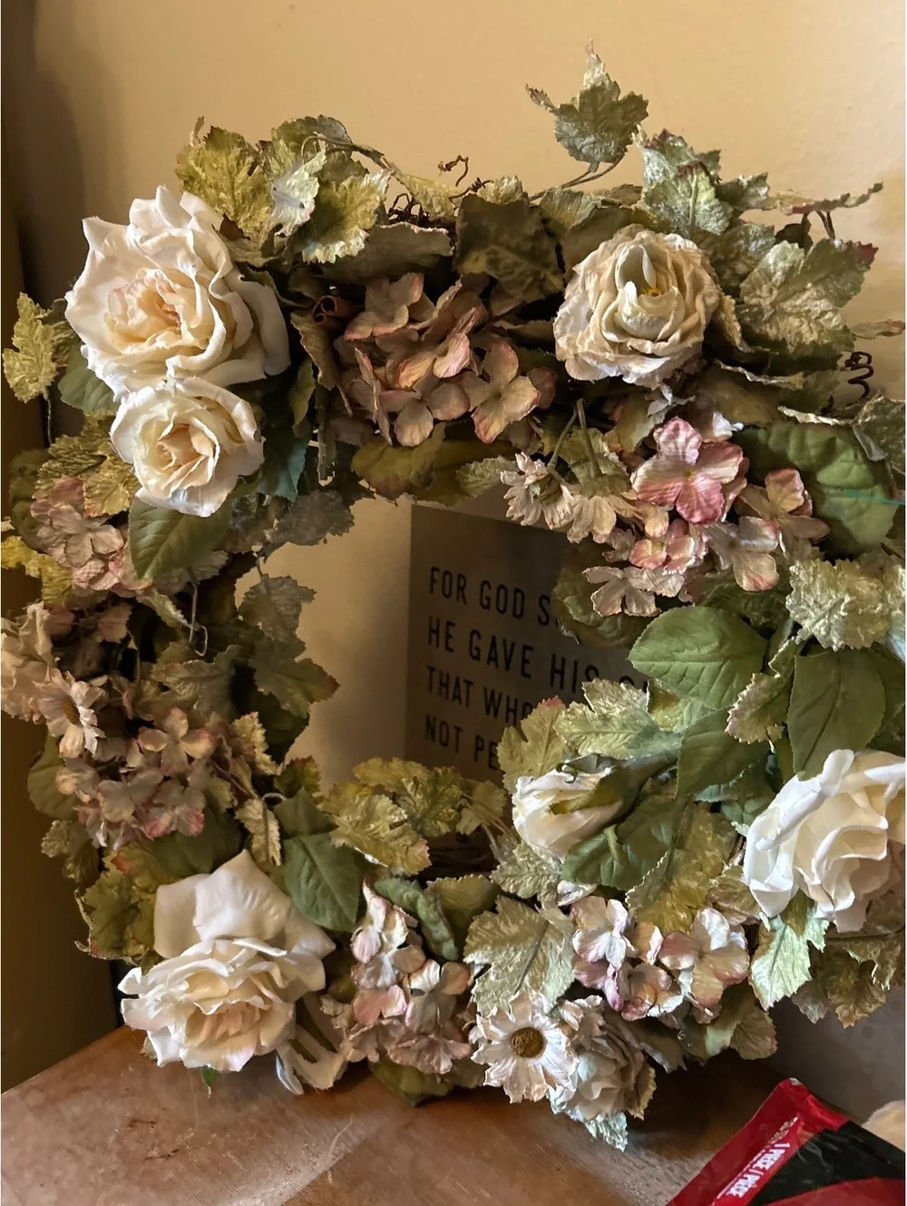 Decorative Floral Grapevine Wreath with Cream Roses and Green Leaves